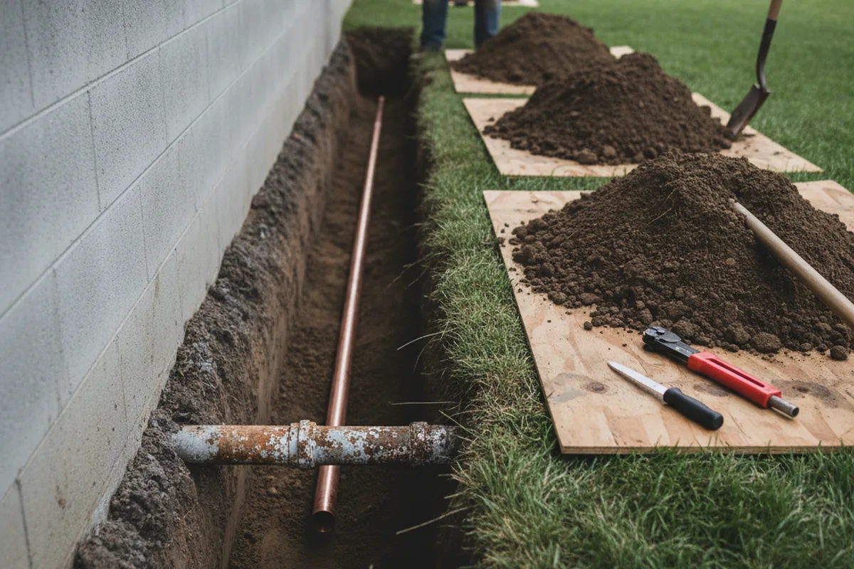 Excavated water line trench during Water Softener Installation in Rillito